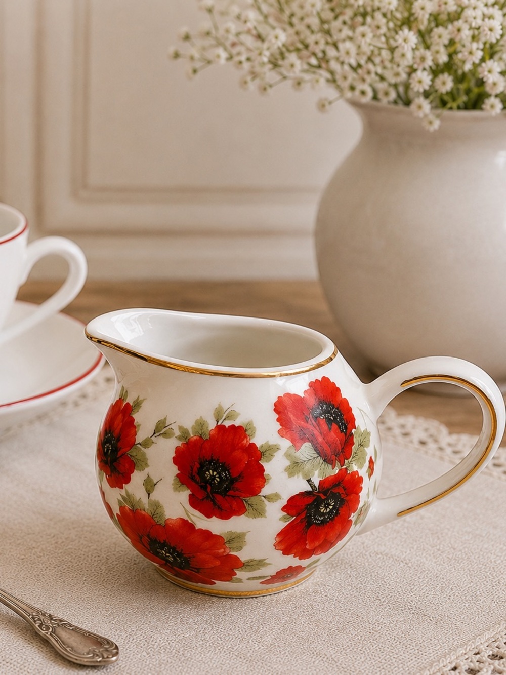 Grace’s Teaware Red Poppy Fine China Individual Creamer Gold Trim